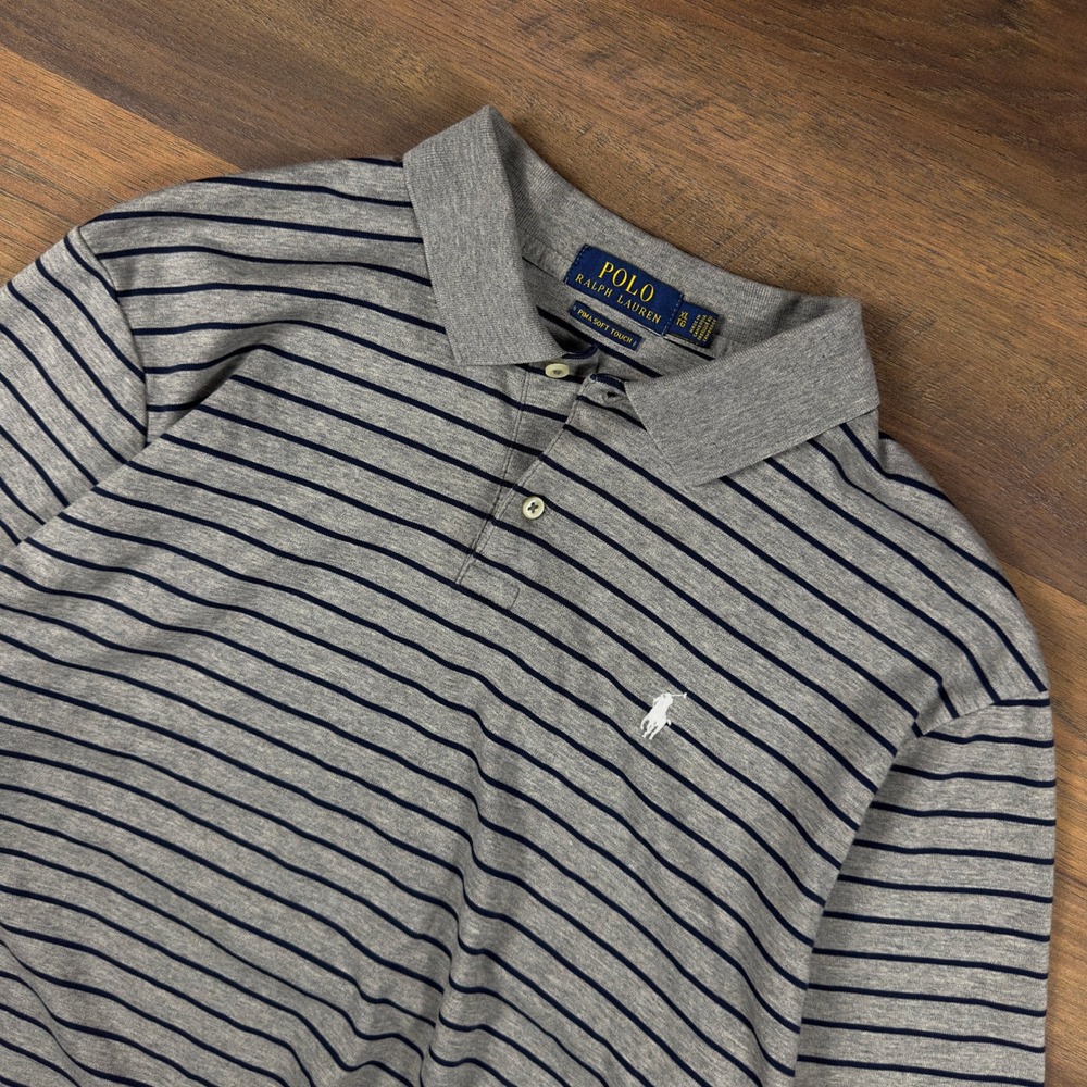 Polo Ralph Lauren Mens XL Pima Soft Touch Striped Polo Shirt Grey Navy Blue